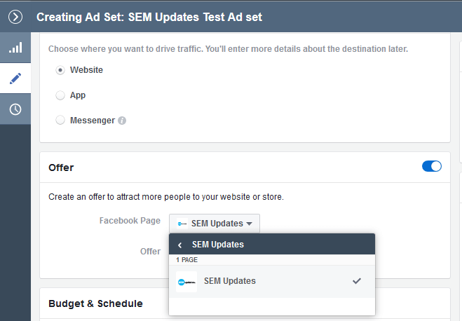 4 Facebook offer ads - select the facebook page