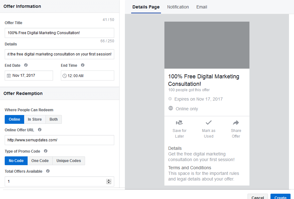 7 Facebook offer ads preview