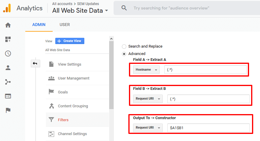 advanced filter creation in analytics for cross-domain tracking