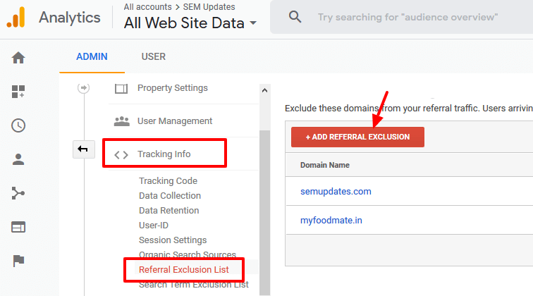 Referral exclusion for cross domain tracking in analytics