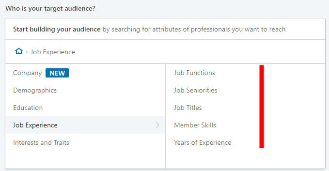 linkedin advertising - job experience setting