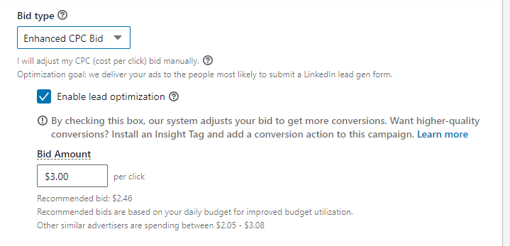 LinkedIn advertising - Cost per Click (CPC) bid