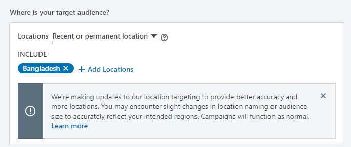 linkedin advetising - location targeting